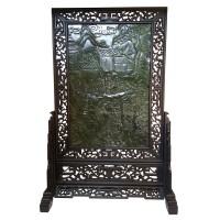 Chinese Jade Table Screen on Wooden Stand 37" High