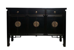 Asian Six Door Buffet with Key Carving in Black Lacquer