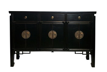 Asian Six Door Buffet with Key Carving in Black Lacquer