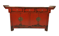 Antiqued Four Door, Three Drawer Red Painted Buffet