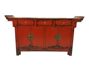 Antiqued Four Door, Three Drawer Red Painted Buffet