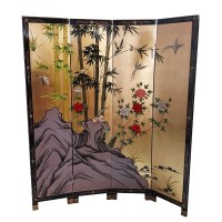 72" H. Oriental Room Divider Hand Painted Bamboo on Gold Leaf