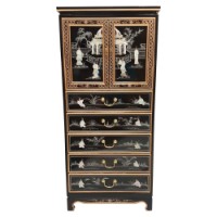 52"H Black Lacquer Oriental Lingerie Cabinet Hand Painted and Carved Mother of Pearl