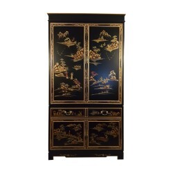 Oriental Armoire In Antique Black With Rich Gold Landscape Oriental Armoire In Antique Black With Rich Gold Landscape