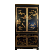 Oriental Armoire In Antique Black With Rich Gold Landscape