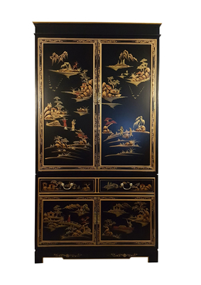 Oriental Armoire In Antique Black With Rich Gold Landscape