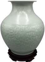 Celadon Vase Wide Mouth Carved Floral