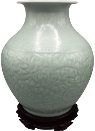 Wide Mouth Porcelain Vase in Celadon Carved Floral