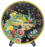 Chinese Porcelain Plate Black with Peacock and Flowers