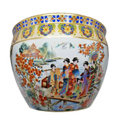 Chinese Porcelain Fishbowl Planters in Satsuma Geishas
