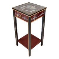 Red Oriental Stand with Drawer, Shelf and Glass Top