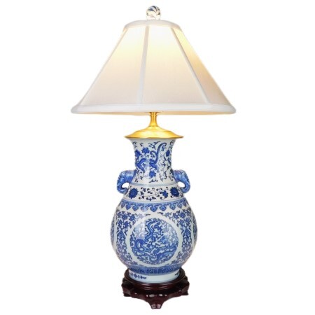 Blue & White Porcelain Table Lamp with Ornate Dragons Blue & White Porcelain Table Lamp with Ornate Dragons