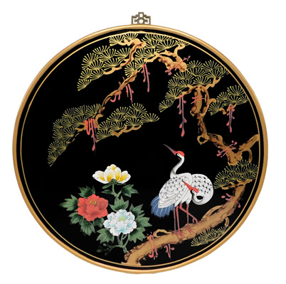 Round Oriental Wall Panel Hand Painted In Cranes Design