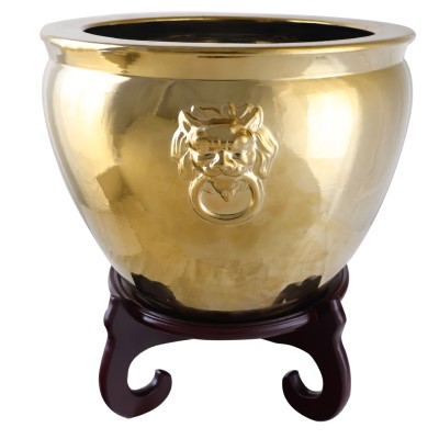 Large Shiny Gold Asian Porcelain Planter with Lion Handles