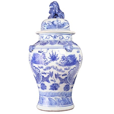 Blue & White Porcelain Temple Jar 24" High with Dragon Glaze