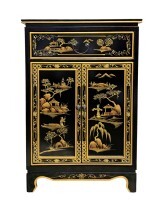 Asian Shoe Cabinet, Painted Landscape On Antique Black Finish
