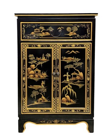 Asian Shoe Cabinet, Painted Landscape On Antique Black Finish