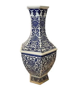 Large Blue & White Hexagonal Porcelain Vase Chinese Floral Pattern