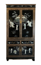 78"H Oriental Armoire in Black Lacquer Hand Painted and Inlaid with Mother of Pearl