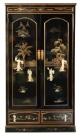 Oriental Armoire Black Lacquer With Mother of Pearl Inlays