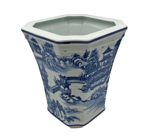 Long Neck Porcelain Planter in Blue & White with Landscape Design