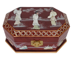French Red Octagonal Oriental Jewelry Box With Pearl Inlays