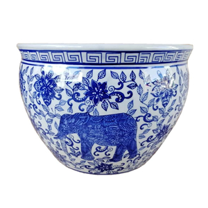 Blue And White Porcelain Fishbowl With Elephant Design