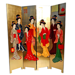 Four Panel Oriental Room Divider Hand Painted Geisha