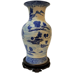 Blue and White 14" Flower Vase with Canton Landscape Painting