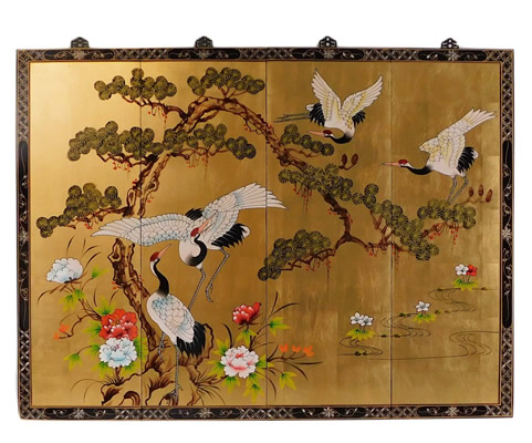 Wall Hung Art Panels Hand Painted Cranes And Pines