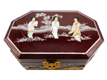 French Red Octagonal Oriental Jewelry Box With Pearl Inlays