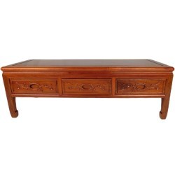 Rosewood Coffee Table With 3 Drawers Hand Carved Bird and Flower