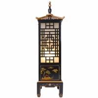 48"H Lacquered Wooden Chinese Pagoda Lamp Hand painted with Asian Landscape and Carved 