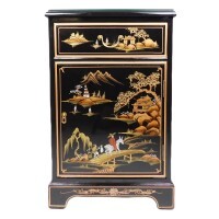 Black Lacquer Oriental End Table With Landscape Painting Black Lacquer Oriental End Table With Landscape Painting