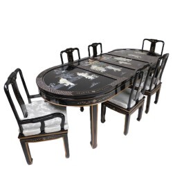 Black Lacquered With Mother Of Pearl Oriental Dining Table Set Black Lacquered With Mother Of Pearl Oriental Dining Table Set