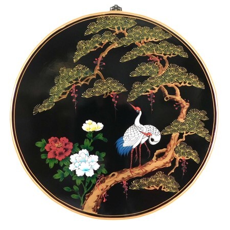 Oriental Wall Panel Hand Painted with Crane and Asian Landscape Design