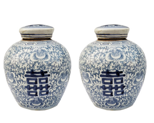 Antiqued Blue And White Calligraphy Ginger Jars