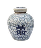 Antiqued Blue And White Calligraphy Ginger Jar