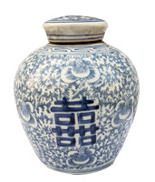 Antiqued Blue And White Calligraphy Ginger Jar