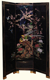 Standing Folding Screen 3-panel Black with Pheasant Painting