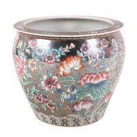 Porcelain Planter in Silver with Floral Hand Painting, Large 18"W Porcelain Planter in Silver with Floral Hand Painting, Large 18"W