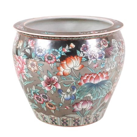 Porcelain Planter in Silver with Floral Hand Painting, Large 18"W Porcelain Planter in Silver with Floral Hand Painting, Large 18"W