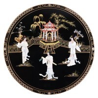 Oriental Wall Art Round Hand Painting in Lacquer with Inlaid Pearl Oriental Wall Art Round Hand Painting in Lacquer with Inlaid Pearl