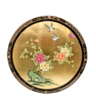 Black and Gold Leaf Lacquered Oriental Round Hand Painted Floral Wall Art