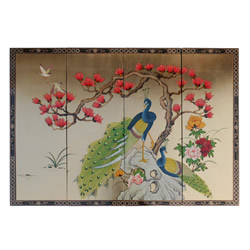 Set of Four Oriental Wall Plaques Hand Painted Peacock on Gold Leaf with Brass Hangers