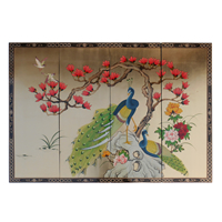 Set of Four Oriental Wall Plaques Hand Painted Peacock on Gold Leaf with Brass Hangers.