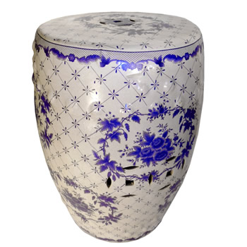Blue and White Porcelain Garden Stool in European Floral Pattern