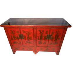 Five Legged Oriental Red Lacquer Cabinet Hand Painted Chinoiserie