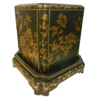 Oriental Stacking Box With Hand Painted Flower Design in Matte Black Lacquer