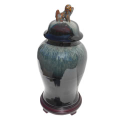Chinese Porcelain Jar with Black Drip Glaze and Lion Handle Lid